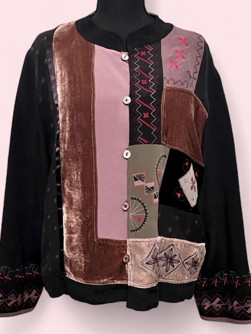 Vintage Chico's Patchwork Velvet & Embroidered Button Top- Pink, Brown & Black